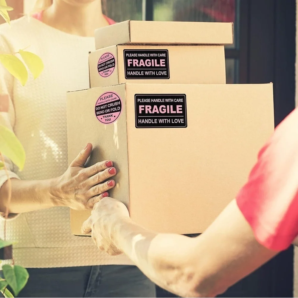 Count of 100 - Fun, Neon Pink + Black Rectangular + Circular FRAGILE Stickers